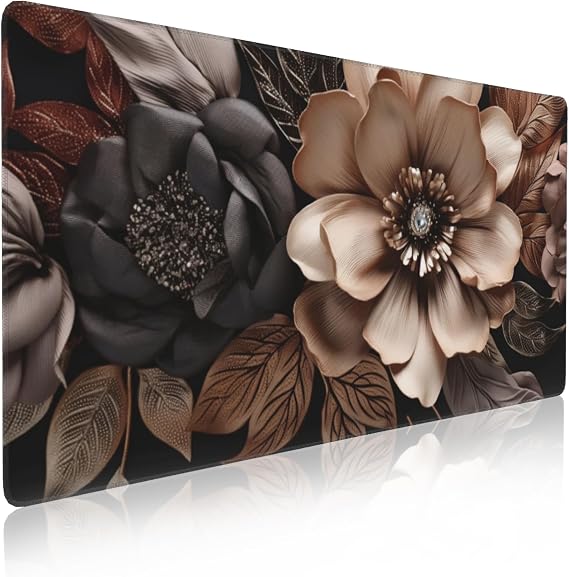 Brown Black Flower Crystals Gaming Mouse Pad, 31.5x15.7 In, Non-Slip Rubber Base, Desk Mat for Computer, Laptop, Keyboard, Desk Decor