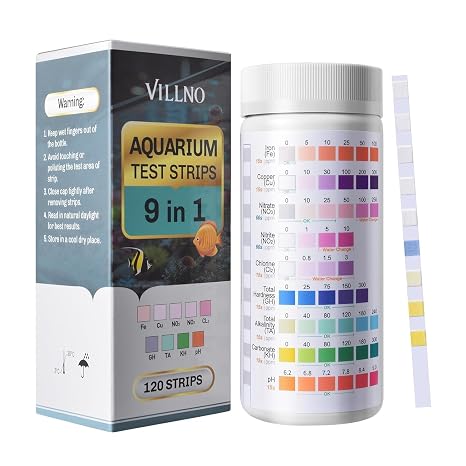 Aquarium Test Strips 9-in-1, 120 Strips Aquarium Water Testing Kit, Quick & Accurate Water Testing for Freshwater & Saltwater Tanks, Testing Fe Cu No3 No2 Cl2 GH TA KH PH