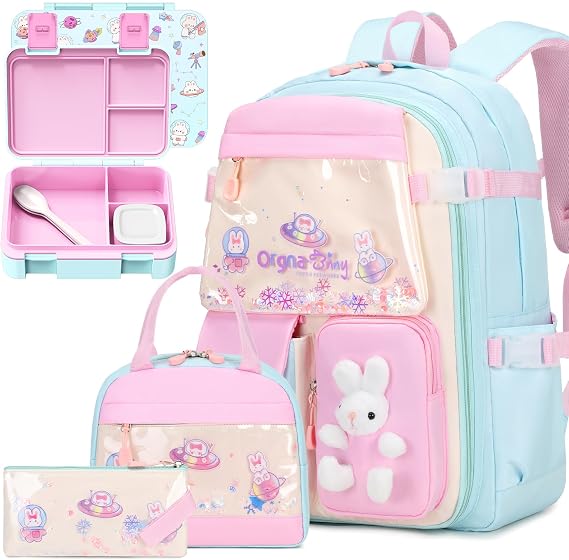 FIXITOK Girls Backpack with Bento Lunch Box Set, Kawaii Bunny School Backpack for Girls with Leak-proof Lunch Containers Lunch Bag Pencil Case for Kindergarten Elementary Preschool School Aquamarine