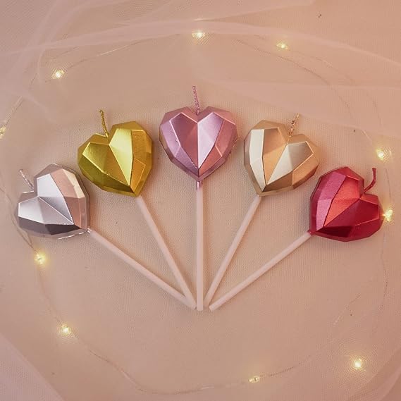 Heart Shaped Birthday Candles - 5pcs Metallic Multi-Colored Sparkler Set