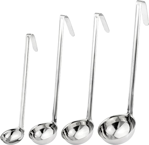 Fit Meal Prep Stainless Steel Soup Ladle One-Piece Sauce Spatula with Hook Handles, Commercial Grade Serving Spoon, Kitchen Tool for Restaurant or Home Cooking [Pack of 4] - 2oz, 4oz, 6oz, 8oz