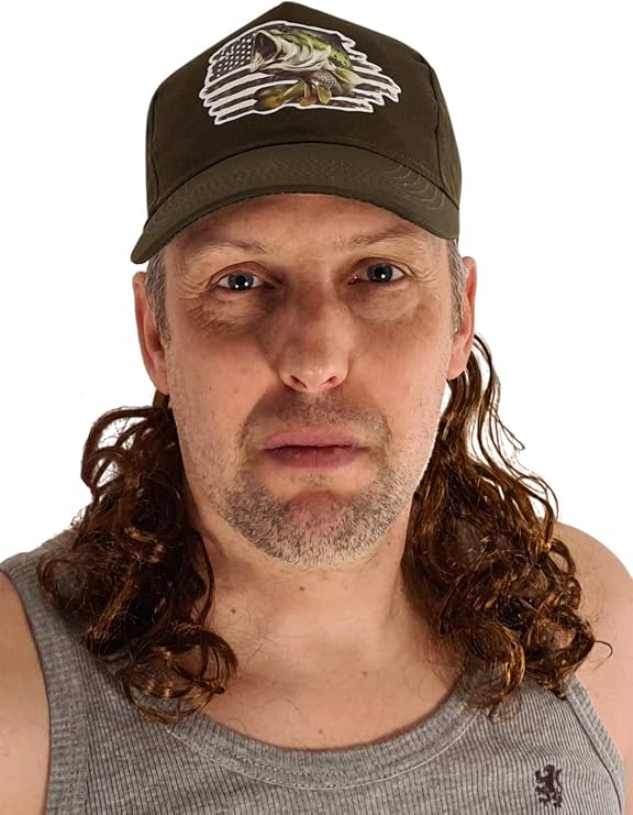 HandinHandCreations Big Bass USA Mullet Hat - Country Tiger King Joe Exotic Redneck Cowboy White Trash Wig - USA