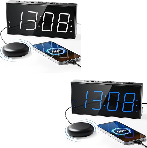2 Pack Extra Loud Vibrating Alarm Clock for Heavy Sleepers, Dual Alarm Clock with Bed Shaker for Hearing Impaired Deaf Teens, 7.5" Large Display, USB Charger, Dimmer, Snooze & Battery Backup