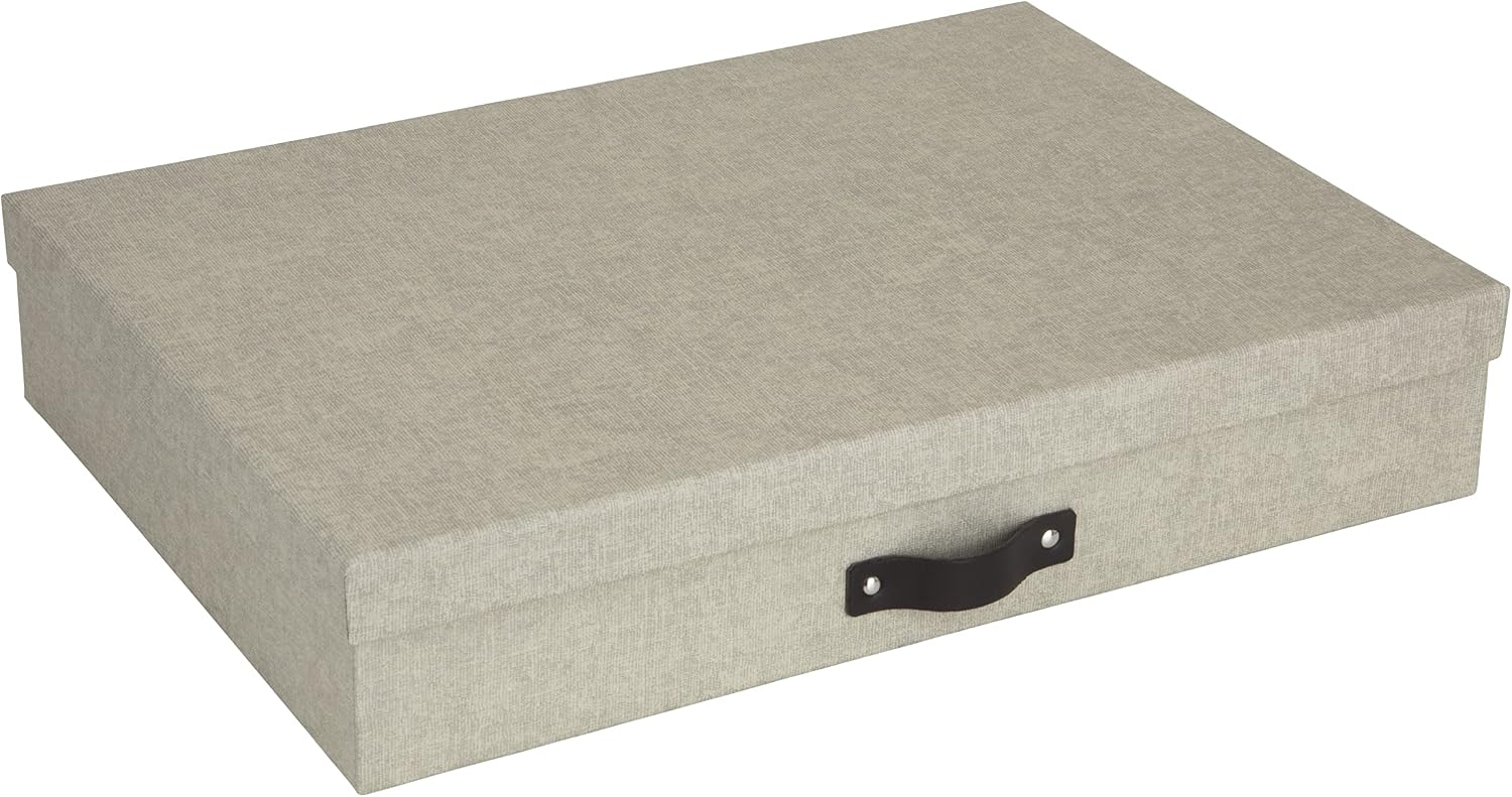 Bigso Box of Sweden Document Box with Lid for Papers in A3 Format - Document Organiser Tray with Lid and Leather Handle - Storage Container Made of Fibreboard and Paper - Beige