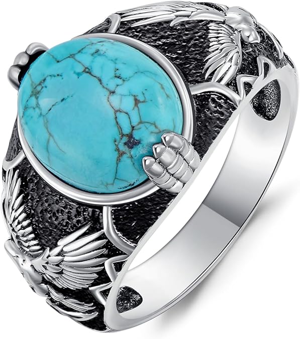 Real Turquoise Eagle Ring for Men 925 Sterling Silver Black Vintage Statement Rings Jewelry with Genuine Natural Gemstone for Him Husband