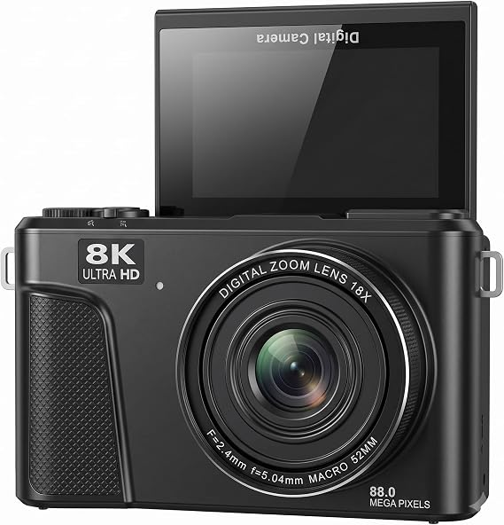 Vıvopack WD300 8K Vlogging Dijital Fotoğraf Makinesi, 88MP 180° Dönebilen Ekranlı Wi-Fi Vlog Kamerası, 18X Zoom Çift Bataryalı, Siyah