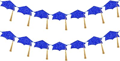 Blue and Gold Glitter Graduation Cap Garland Banner with Tassel 2025 Graduation Banner for College 2025 Party Decorations Blue and Gold
