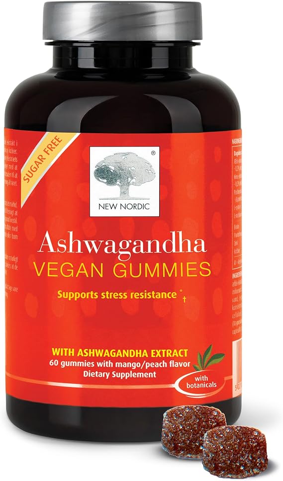 NEW NORDIC Ashwagandha Gummies, 300 mg Ashwagandha Root Extract, Sugar Free, Adaptogens for Men and Women, Delicious Mango Peach, 60 Gummies