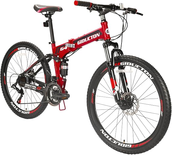 26 Inch Folding Mountain Bike 21 Speed Dual Disc Brakes Full Suspension MTB Bicycle for Adult Teens (Green Red)