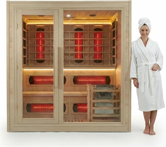 Indoor Luxury Hybrid Sauna for 4-5 People, Canadian Hemlock, 195F Steam+149F Infrared, 220V, 6KW Stove, Seven-Color Light, 8mm Tempered Glass, Oxygen Bar, Bucket, Ladle, Wooden Sauna for Home & Gym