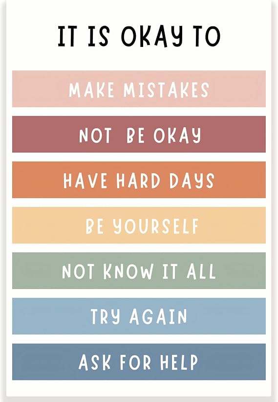 It Is Okay To Make Mistakes, Not Be Okay Classroom Poster - Self Acceptance - Positive Self Talk - Therapist - 12 x 18 Inch - Classroom Decor - Classroom Must Haves - Back To School Decor - CPS0328