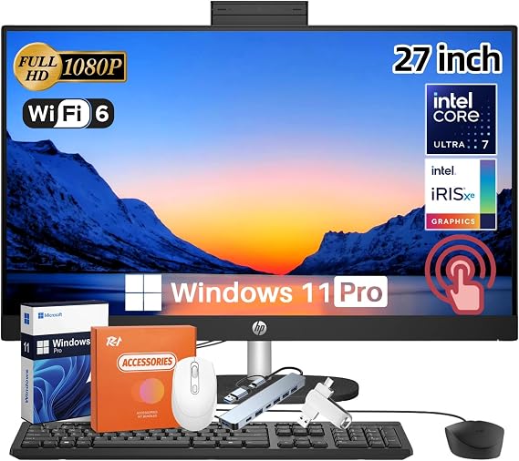 HP 27" All in One Touchscreen Desktop Computer, Intel Ultra 7 155U (Up to 4.8GHz), 27 inch FHD Anti-Glare Touchscreen, Intel IrisXe, 64 GB DDR5, 2 TB SSD, Windows 11 Pro, Accessories, Jet Black