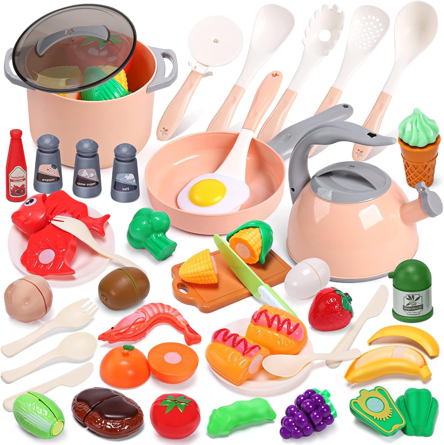 Cute Stone Pretend Play Set Kitchen Toy Toy Educational Toy 44-Piece Set Pretend Pot Set Realistic Ingredients Cutting Play Role Play Parent-Child Play Children Gift Birthday Present