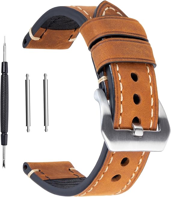 Brown 20mm Genuine Leather Wristwatch Watch Band Oil Tan Vintage Watchband for Men with Stainless Buckle