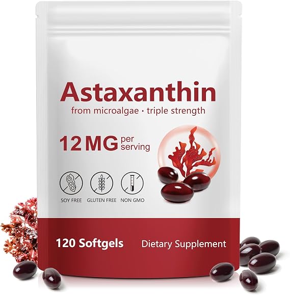 Astaxanthin 12mg, 120 Softgels, Premium Astaxanthin Antioxidant Supplements with Antioxidant Activity, Supports Eye, Skin, Joint & Immune System Health, Fresh Microalgae Source, Non-GMO & No Gluten
