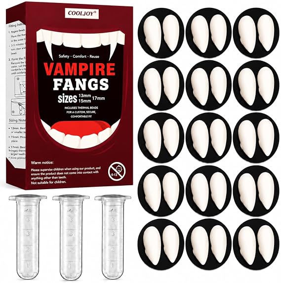 COOLJOY 12 Pairs Vampire Teeth, 4 Sizes with Adhesive for Halloween Cosplay