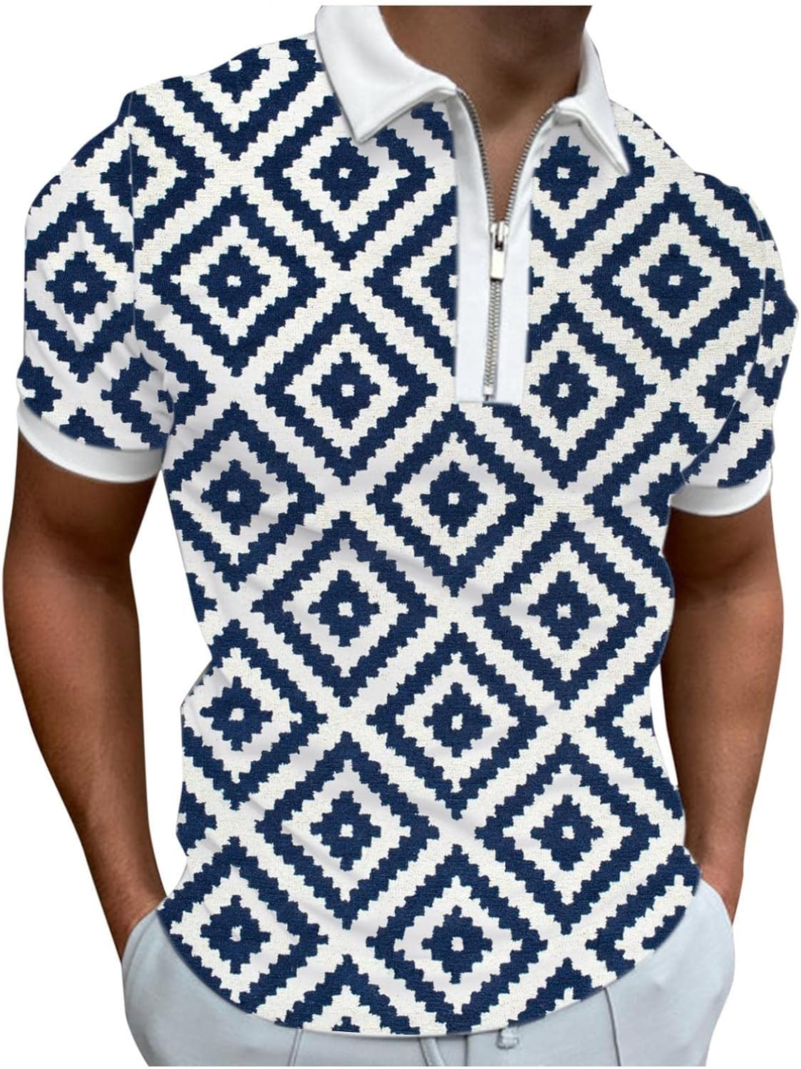 Polo Shirts for Men Slim Fit,Mens Shirts Short Sleeve T Shirts Zipper Polos T-Shirt Casual Tunic Tops Geometric Print Blouse