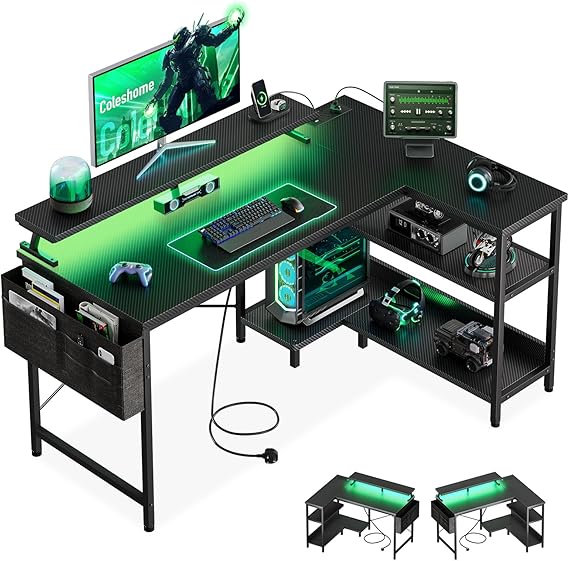Coleshome L Shaped Gaming Desk with LED Lights & Power Outlet, 120x80 cm