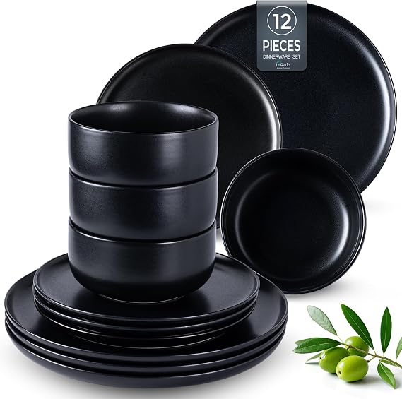 LERATIO Stoneware Dinnerware Sets for 4,12-Piece Plates and Bowls Set