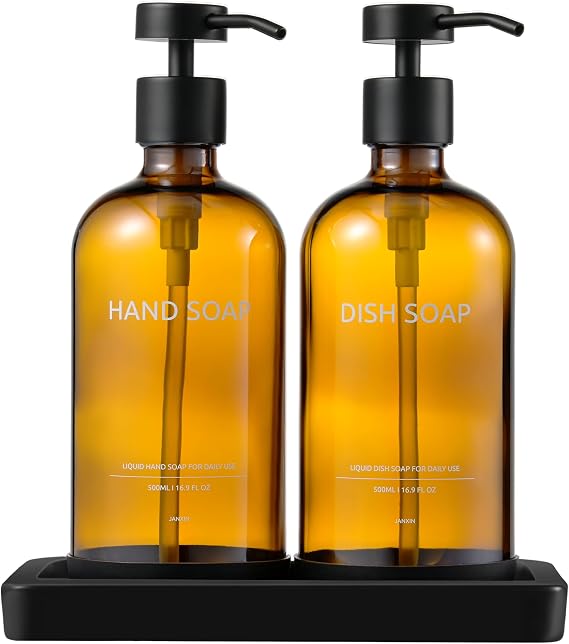Glass Soap Dispenser 500 ml Brown with Ceramic Tray Shampoo bottles for filling soap dispenser set for kitchen and bathroom decoration