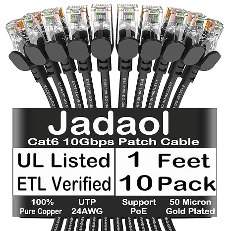 Jadaol Cat6 1ft 10 Pack Patch Cable, 10Gbps High-Speed Ethernet, Support Cat8/7 Network, 24AWG Pure Copper, RJ45 Gold-Plated Connectors, LAN Network Cable for Patch Panel to Switch, Black
