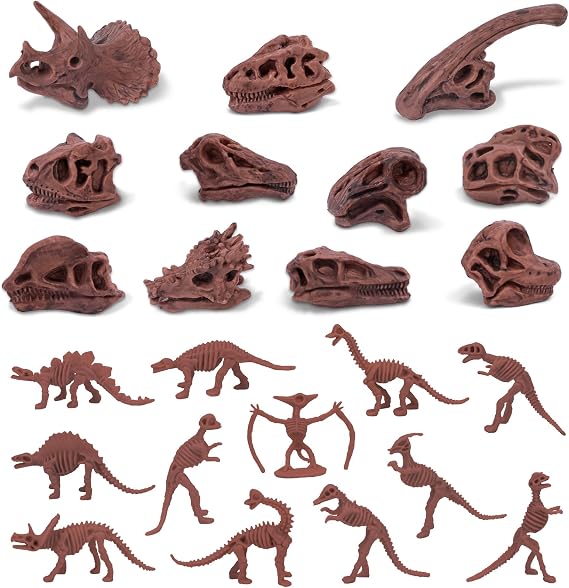 70PCS 3.7 Inch Dinosaur Bone for Sandbox Brown Dinosaur Fossil Skeleton Plastic Skull Dino Dig Toy Kit for Puzzle Game Sensory Bin Birthday Party Dino Scavenger Hunt Science Class Prize Cupcake