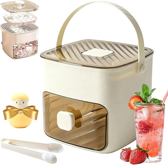 Portable Ice Maker with Lid and Storage Box 48 Cubes, 48 Cube Double Deck Portable Ice Maker with Easy Press Lid, Handled Press-Type Ice Cube Tray Double-Layer for Home, Picnic (White)