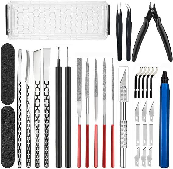 Precision 3D Printer Tool set with Deburring Tool, 3D Printer Spatula,Craft Knife,hand File,Carving Knife,Storage Box Suitable for Sanding, Carving, Modeling, Cutting, Scraping Deburring kit