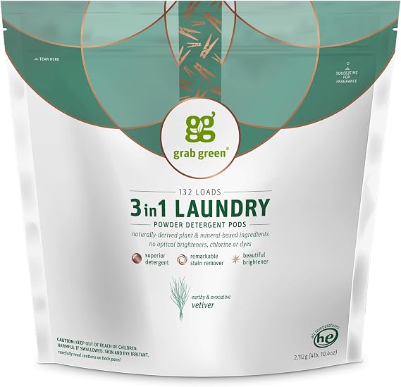 Grab Green 3-in-1 Laundry Detergent Pods, 132 Count, Vetiver