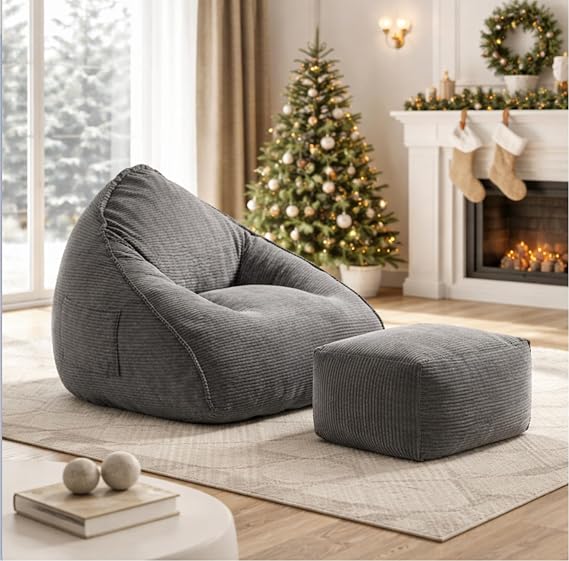 Large Bean Bag Chair with Ottoman, Corduroy Floor Sofa for Adults, Comfy Gaming & Reading Lounge Chair with Footstool, 100x100 cm Beanbag Sofa for Living Room, Bedroom (Grey)
