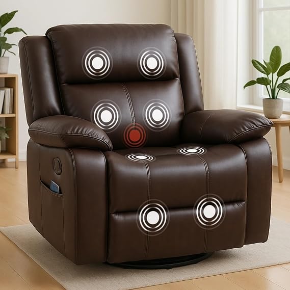 ANJ Swivel Rocker Recliner Chair, Manual Rocking Glider Massage Recliner with Heat, Overstuffed PU Leather Big Large Recliner for Living Room Bedroom Nursery