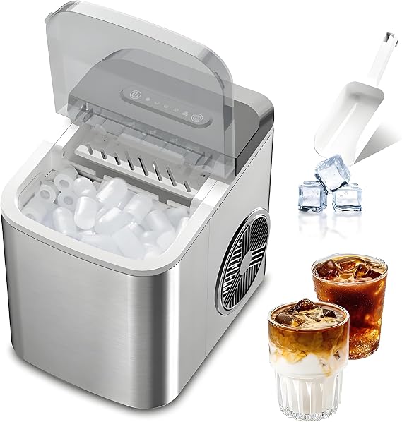 Ice Maker Machine Counter Top for Home, Self-Cleaning Ice Machine with Ice Scoop and Basket, 112W, 12kg in 24h, Portable Ice Maker Countertop for Home, for Home/Kitchen/Office