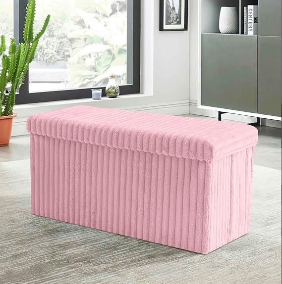Ribbed Velvet Storage Ottoman Box – Foldable, Stylish & Multi-Purpose Seat with Lid | Available in 5 Colours | Bedroom, Living Room, Entryway (Pink, Large (76x35x36cm))