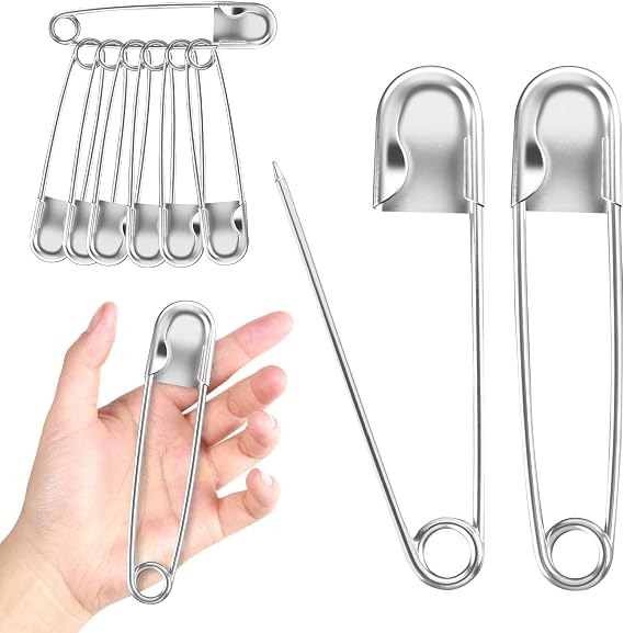AZUREAL 5 Inch Jumbo Oversized Safety Pins 7P, Giant Heavy Duty Stainless Steel Extra Large Safety Pins, for Blanket Leather Canvas Outdoor Craft Laundry (Silver)