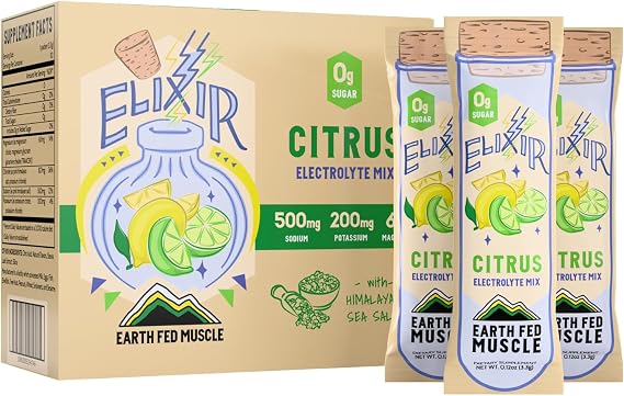 Earth Fed Muscle Elixir Electrolyte Powder Packets - Citrus Flavor with Himalayan Sea Salt - Sugar Free, Stevia Sweetened - 3X Electrolytes - 30 Single Serve Hydration Drink Mix Sticks