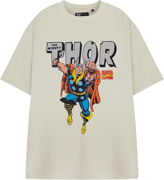 Marvel Mighty Thor Mens Oatmeal Short-Sleeved Graphic Tee | Classic Thor Logo Shirt | Superhero Fan Apparel | Vintage Comics T-Shirt for Men