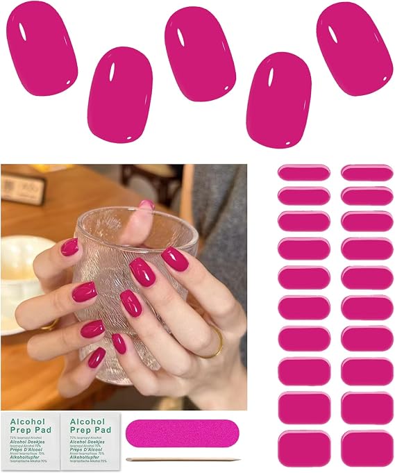 YUANLI Semi Cured Gel Nail Strips Work with UV Lamps, Long Lasting, Easy to Apply & Remove (Hot Pink)