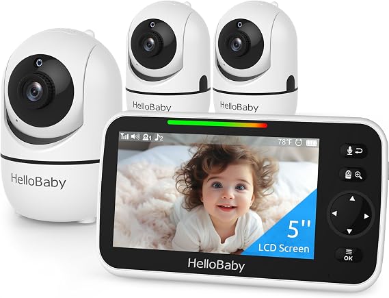 HelloBaby HB6550 5" Baby Monitor with 30-Hour Battery, 3 Cameras Pan-Tilt-Zoom, 1000ft Range Video Audio Baby Monitor No WiFi, ECO, Three Rooms with Time Display, 2-Way Talk, 8 Lullabies, Temperature