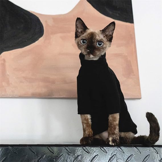 Hairless Cats Clothes, Cotton T-Shirt, Breathable Spring Autumn Vest Cat Wear Turtleneck Shirt Clothes for Sphynx, Cornish Rex, Devon Rex, Peterbald, Hairless Cats Apparel (M-, Black)