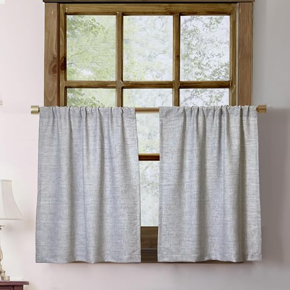 Oindec Faux Linen Farmhouse Cafe Curtains, 24 Inch Length, Grey, Set of 2