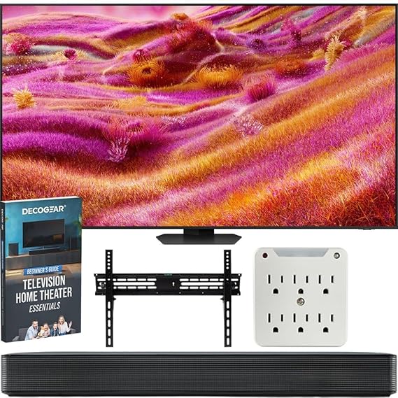 Samsung 50 inch Neo QLED 4K QN90F Vision AI Smart TV (2025) Bundle with SKM1 2.0-Ch. Soundbar, 37"-70" TV Wall Mount, 6-Outlet Surge Adapter & Deco Gear Complete Home Theater Beginner's Guidebook