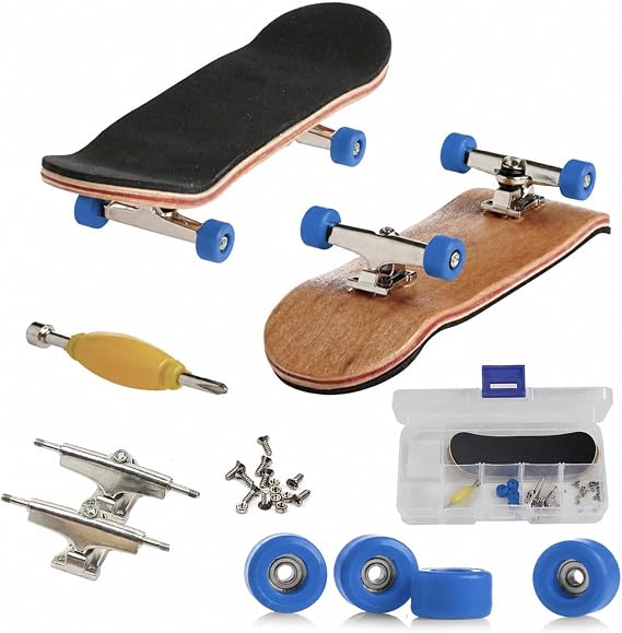 Finger Skateboard with Accessories, Pro Fingerboard Maple Wooden Alloy DIY Mini Skateboard Toy with PU Non-Slip Box Reduce Pressure for Skateboarders, Teenagers, Office Workers (Dark Blue)