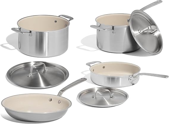 Made In Cookware - 7 Piece Nonstick Ceramic Pot and Pan Set - 5 Ply Stainless Clad - Includes Stock Pot, Saute Pan, Saucepan, and Frying Pan - Professional Cookware - Crafted in Italy