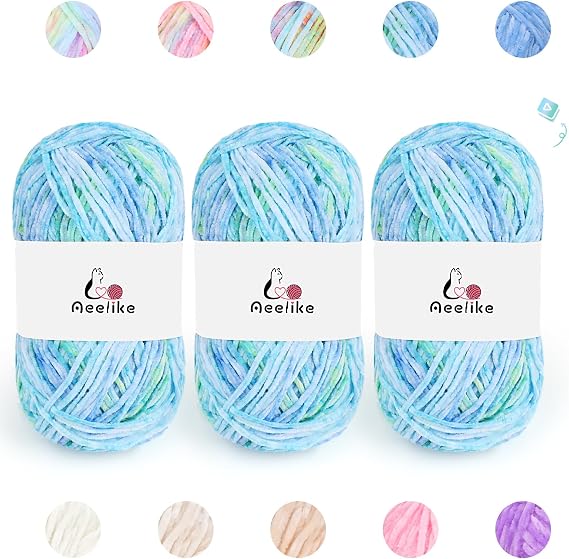 Aeelike 3 Pack Chenille Yarn,Soft Polyester,Each 100g/10.5oz 197yds,Mixblue