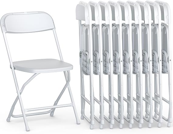 Our Modern Space 10 Pack Foldable Plastic Chair | Folding & Stackable | 350 lbs Capacity Steel Frame Seats for Indoor Outdoor | Commercial Use Events Wedding Party Bulk Picnic Kitchen Dining - White