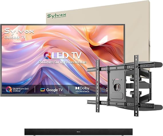 SYLVOX Outdoor TV with Soundbar & Wall Mount & Cover, 65 inch Smart QLED TV, 2000 Nit Full Sun, Weatherproof, 4K UHD, IP56 Waterproof, Commercial Grade (2026 Model)