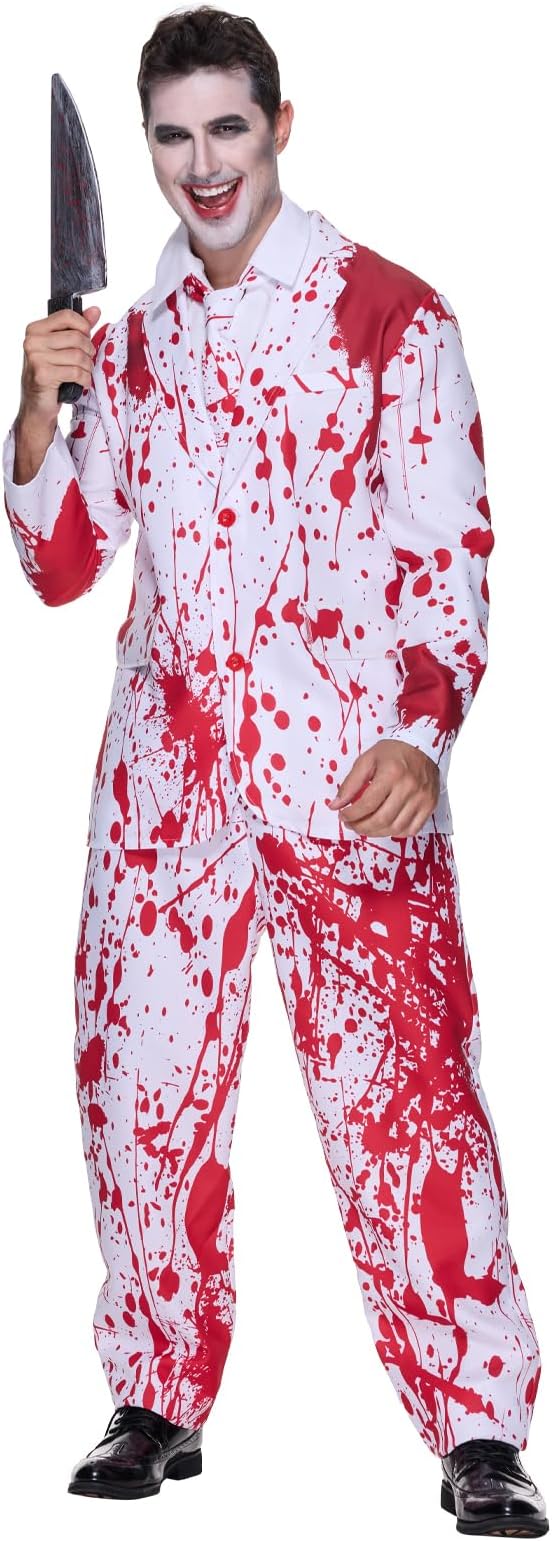 EraSpooky Mens Bloody Suit for Halloween Horror Parties Costume Bloody Serial Killer Suit Scary Blood Splatter White Tuxedo