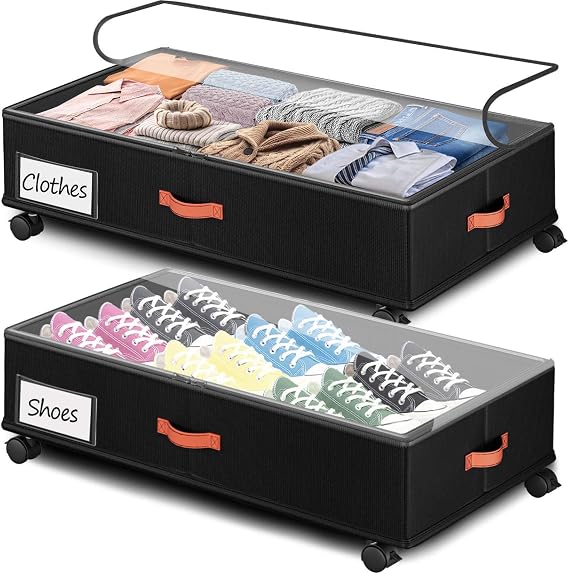 2 Pack - 66L XXL Large Stackable Underbed Storage Container with Clear Window & Labels on Wheels Under Bed Drawer for Clothes, Shoes, Blankets Dark Gray
