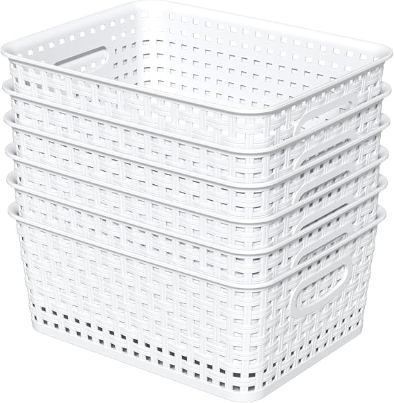 6-Pack Woven Plastic Storage Baskets, White Pantry Plastic Baskets