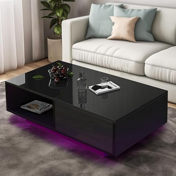 LED Black Coffee Tables for Living Room, Living Room Table with Drawer
